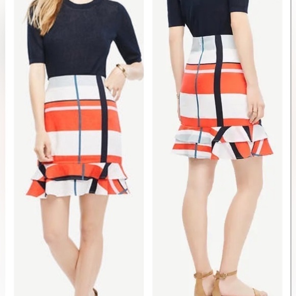 Ann Taylor Picnic Striped Linen Skirt w/Flounce Hem Ivory & Red Orange Sz 8 - Picture 1 of 12